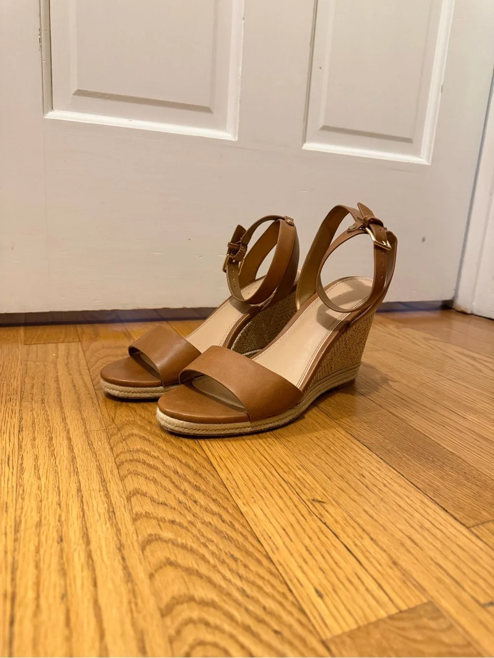 Tan Wedge Sandals with Ankle Strap